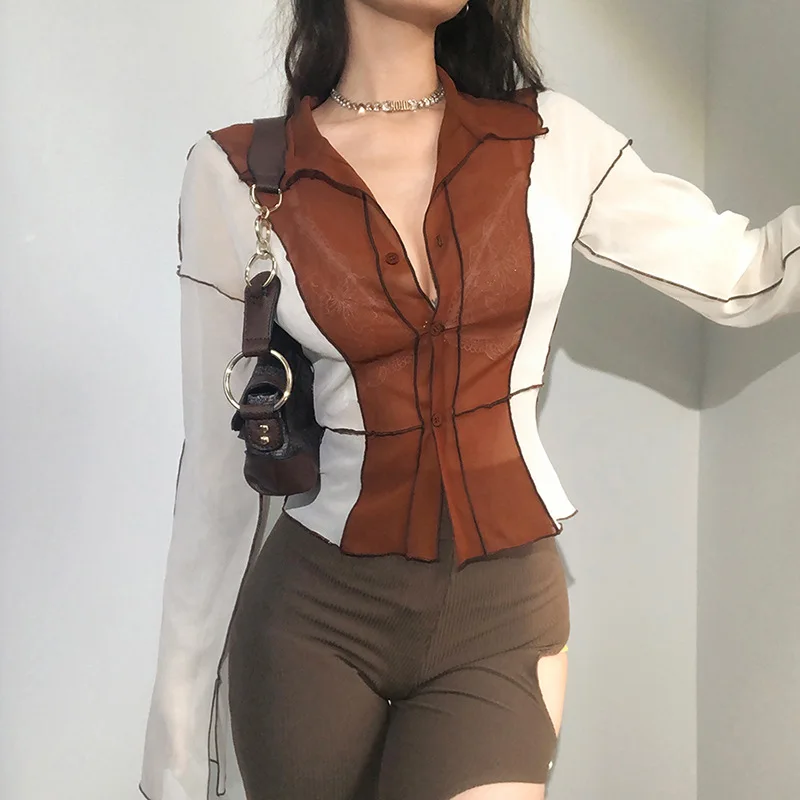 

Элегантная женская одежда, винтажная сетчатая рубашка, женский кардиган, однобортная футболка с отложным воротником и длинным рукавом для ...