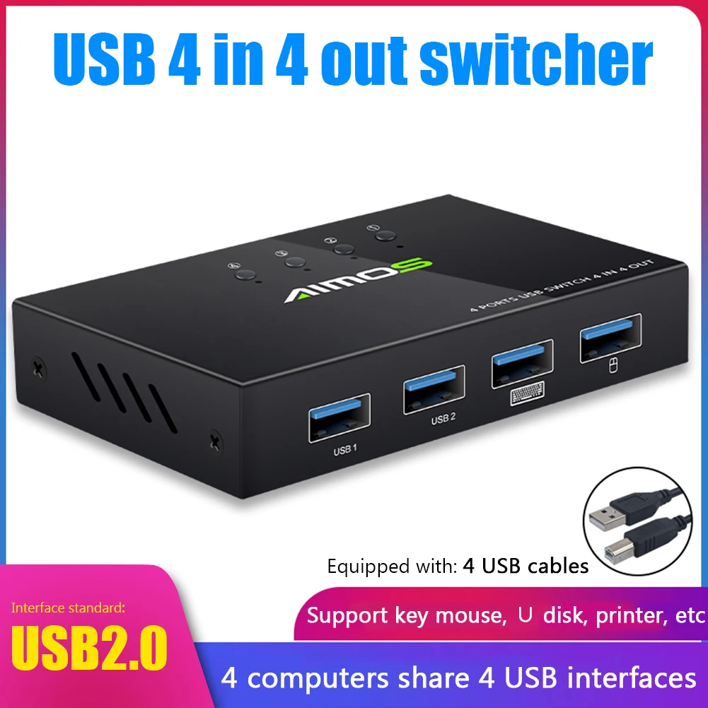 

4 Ports KVM USB Switch 4 in 4 out Switcher for Keyboard Mouse Printer Monitor 4 PCs Sharing 4 Devices USB 2.0 Extender Splitter