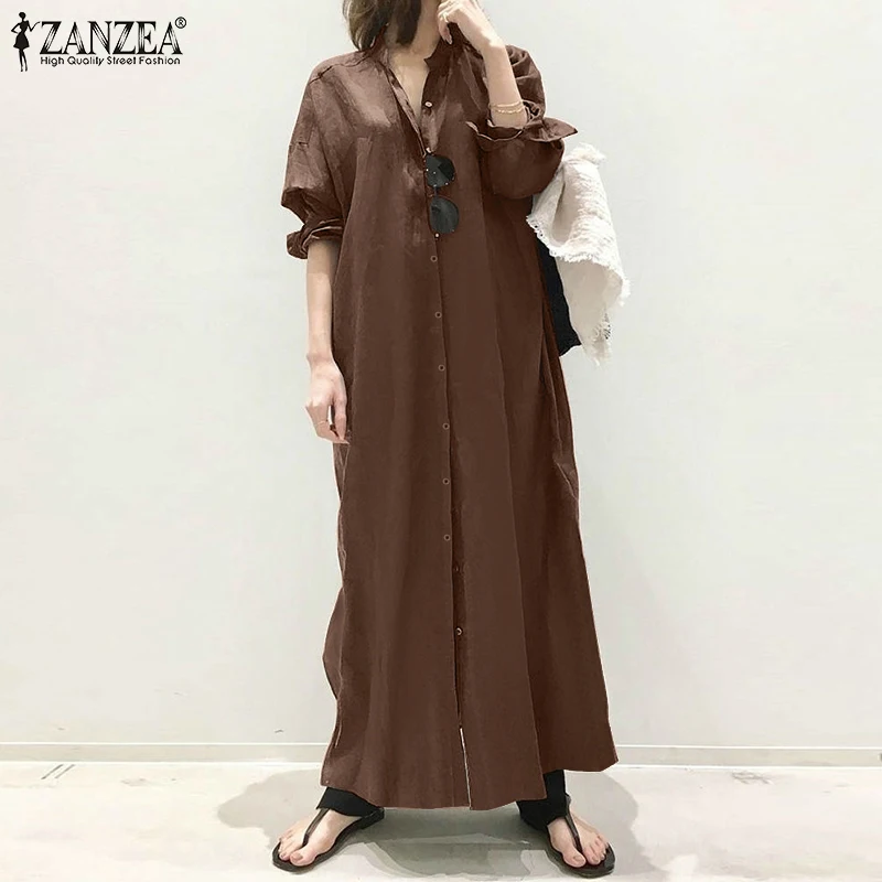 

ZANZEA Female Autumn Elegant Full Sleeve ONeck Shirt Button Split Dress Femme Clothing Kaftan Street Robe Casual Maxi Sundress