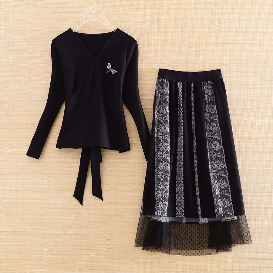 

The New Spring Woman Two piece Chinese style High end Knitting Slim Top+ Elegant Lace A-line Skirt 2 Pieces Set Women S-2XL