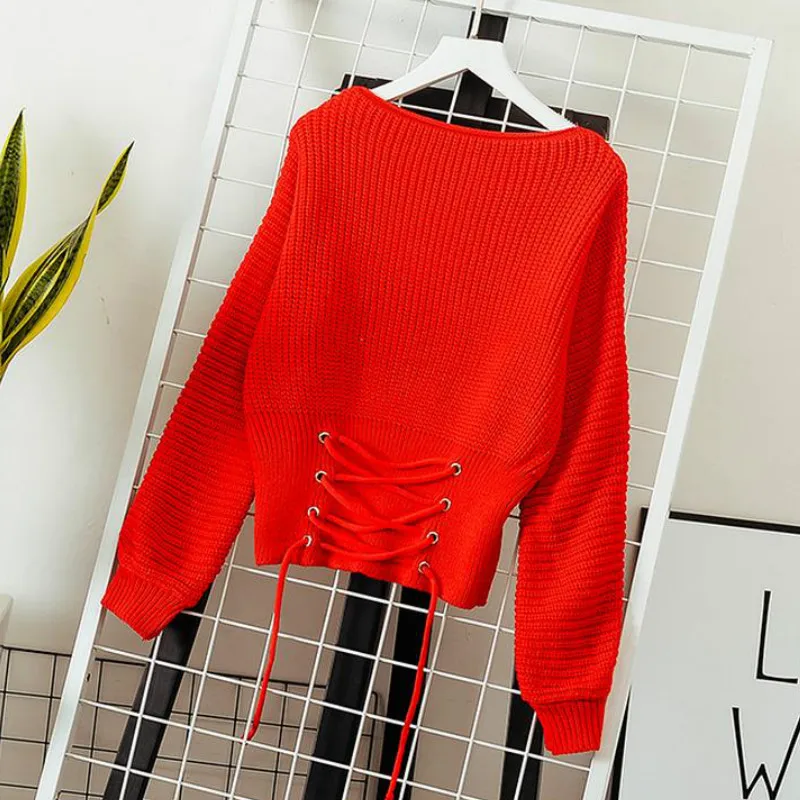 2020 Autumn Long Lantern Sleeve O Neck Peplum Sweaters Women Sweet Lace Up Waist Female Ruffles Knitted Pullovers Tops | Женская одежда