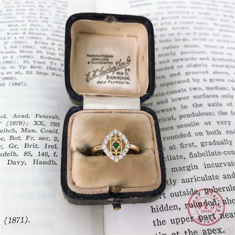 

HI MAN 925 Sterling Silver Plating 14K Gold Japanese Green Zircon Carving Adjustable Ring Women Sweet Dating Jewelry