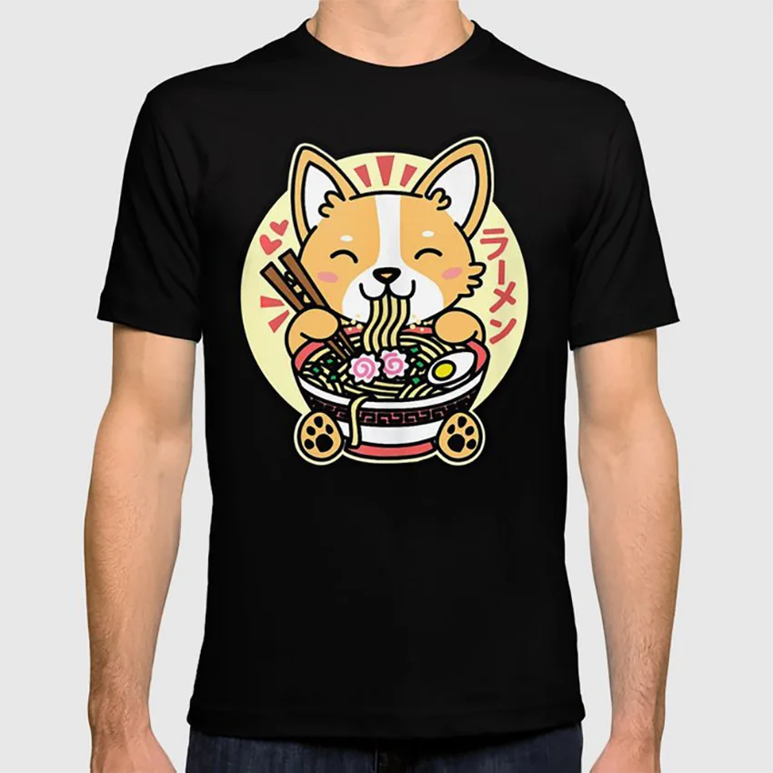 Kawaii рамен Милая аниме собака корги японская лапша футболка милая влюбленные