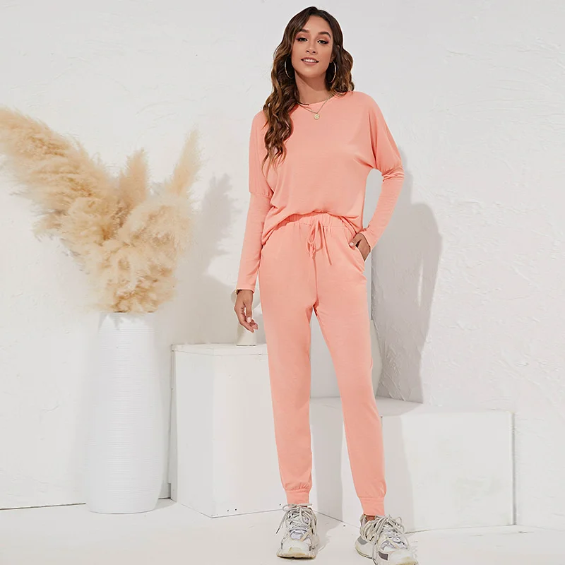 

Women's Round Neck Long Sleeve T-shirt And Pants Two Piece Sets Soild Women Tracksuit Female Tops And Elastic Waist Pants Suits