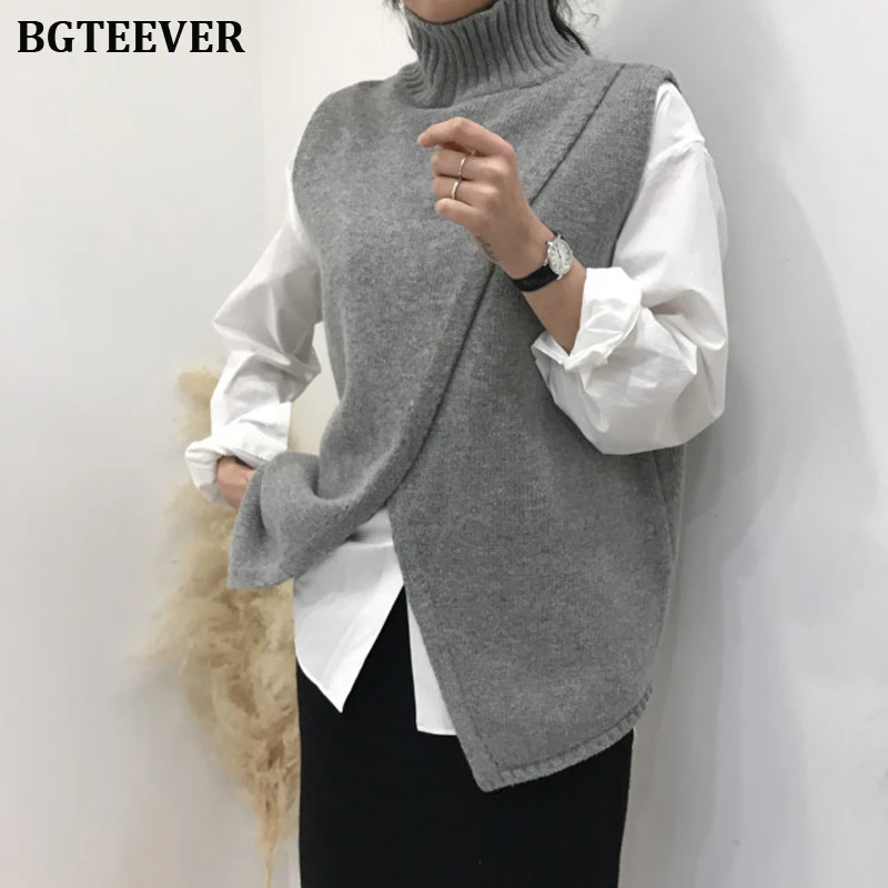 Модная водолазка вязаный жилет женский свитер шикарный Сплит трикотажные жилеты