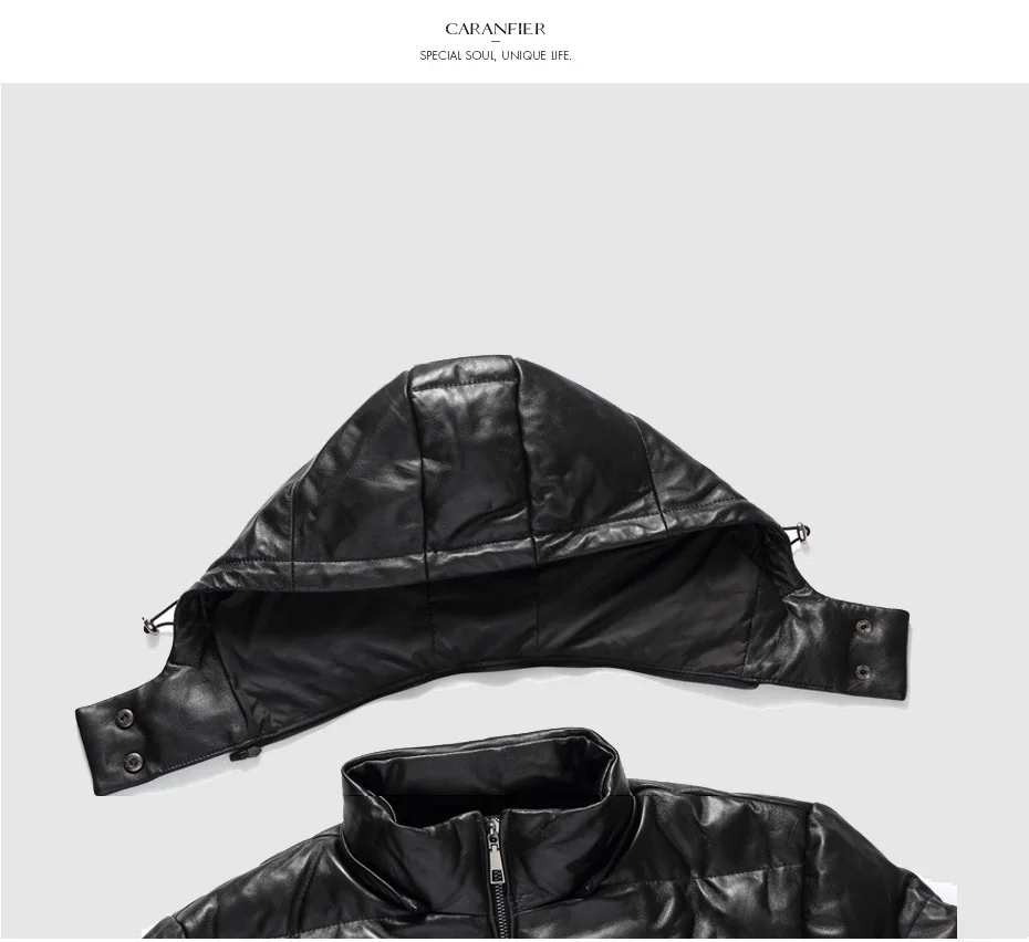 CARANFIER Mens Winter Warm Black Genuine Leather Real Lambskin Duck Down Hooded Jackets Coats Jaqueta De Couro Deri Ceket