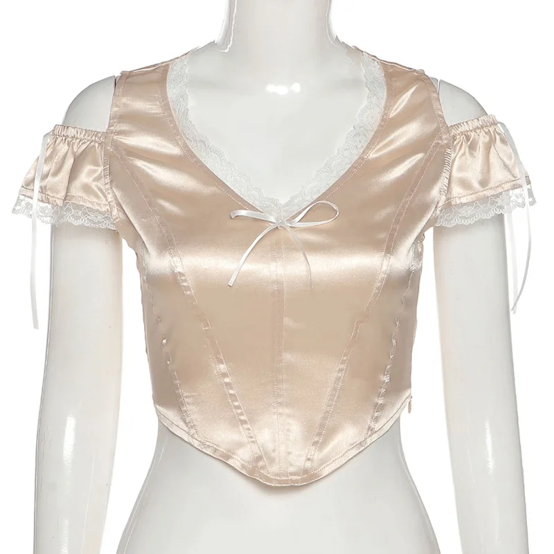 

Chiffon Lace Crop Tops Strapless Kawaii Aesthetic Elegant T-shirt 2021 Summer Young Style Mujer Casual Sweet Short Shirts