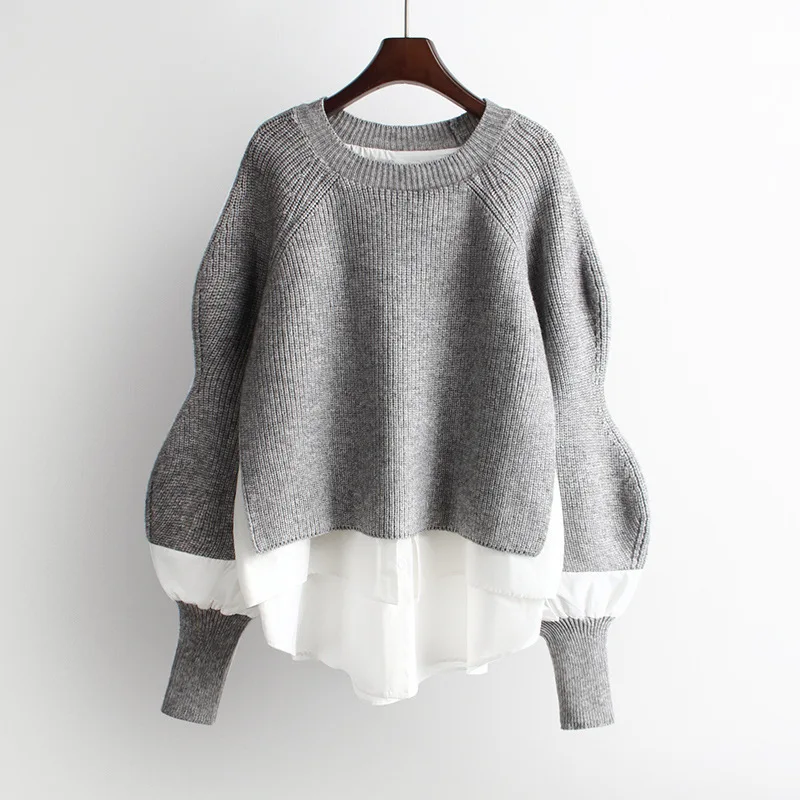 

2021 New Fall Women's Clothing Sweater Stitching Shirt False Two-Piece Suit Women's Western Style Knitted Top