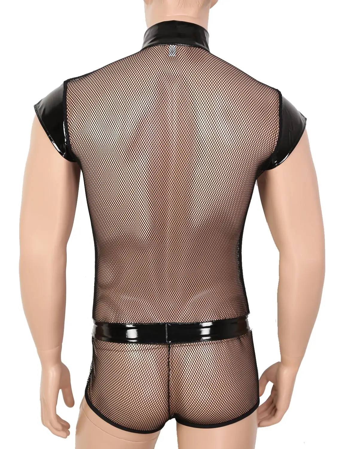 

Mens Lingerie Sex Fishnet Bodysuit See Through Sheer High Neck Cap Sleeves Zippered Crotch Leotard Bodysuit Jumpsuit Nightwear