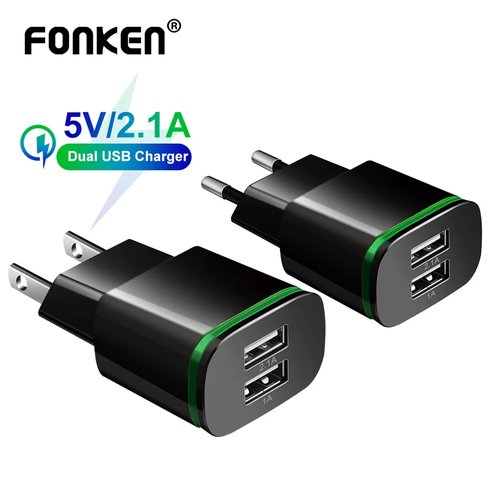 

FONKEN USB Charger 5V 2.1A Fast Charge Wall Charger EU US Plug Charge Adapter Mobile Phone Charger 2 Port LED Charger For Iphone