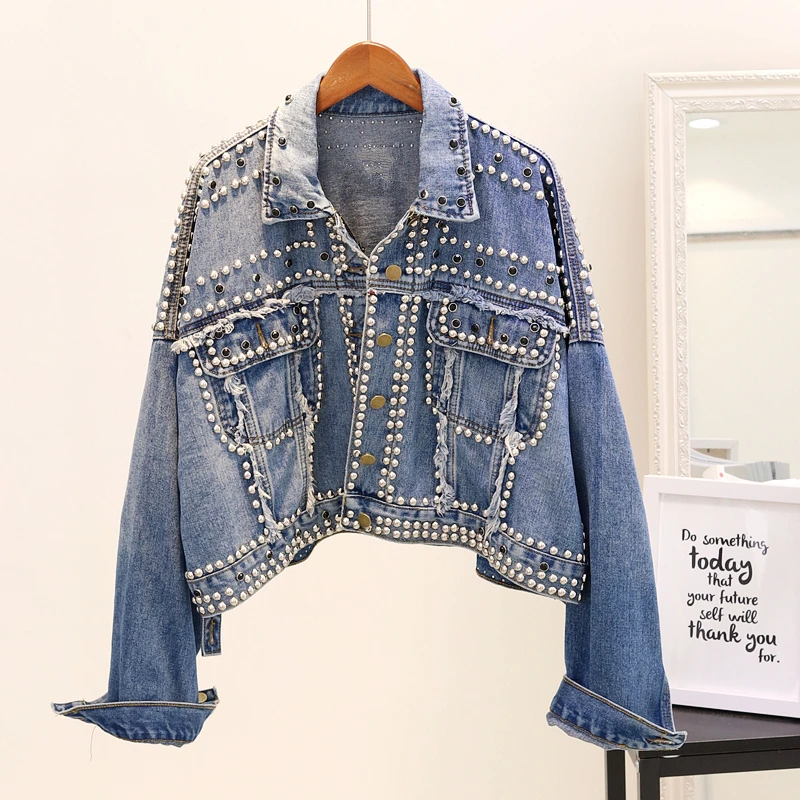 

European Spring Autumn 2021 New Rivet Denim Jacket Short Crop Tops