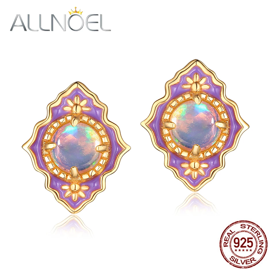 ALLNOEL серьги - гвоздики из твердого 925 пробы серебра для женщин, 100% натуральный опал , драгоценный камень, мистик, фиолетовая эмаль, серьги - гвоздики , ювелирное изделие, подарок