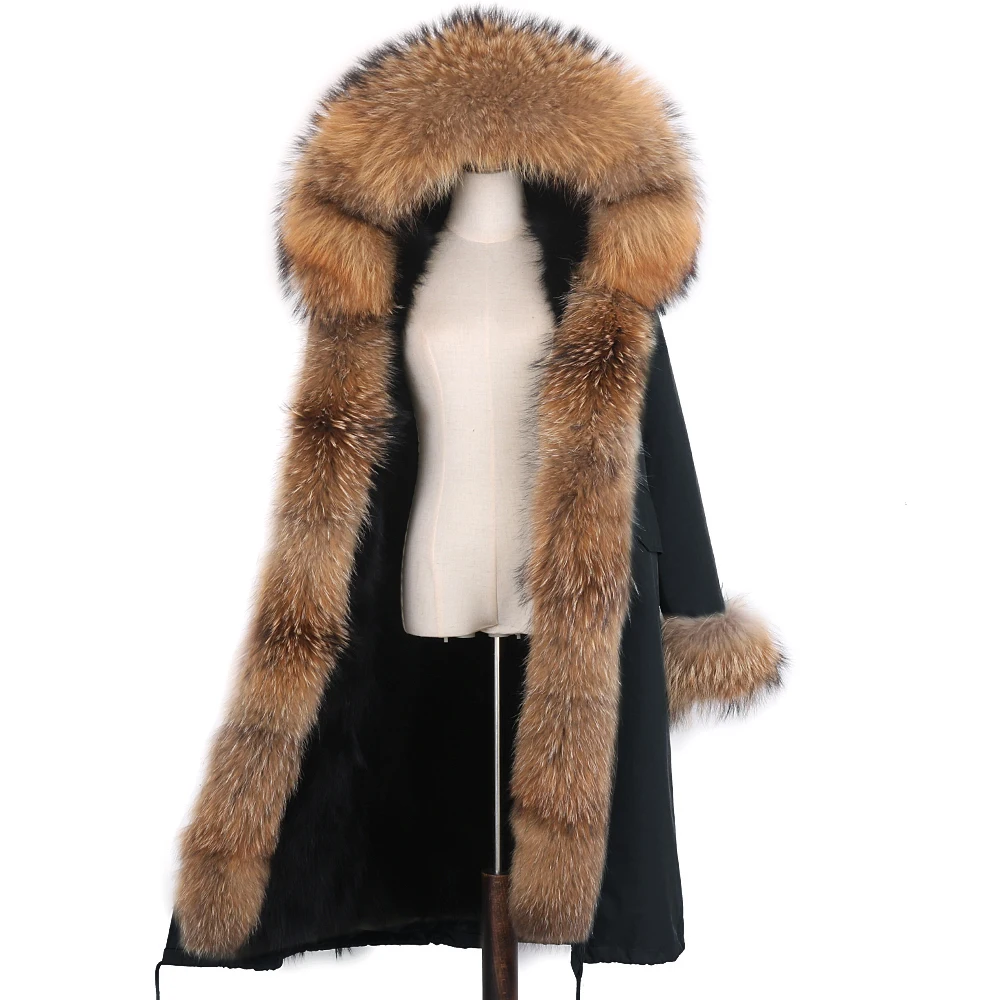 New Winter Women Real Fur Coat Natural Fox Fur Jacket X-Long Large Raccoon Fur Hooded Streetwear Thick Warm Outerwear Fashion