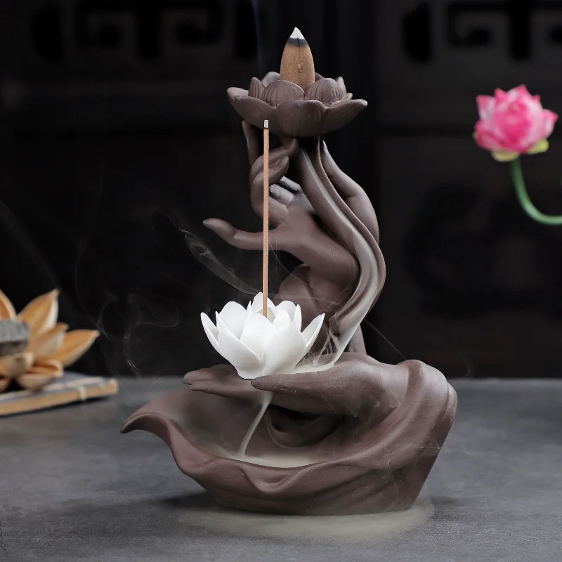 

Backflow Incense Burners Incense Buddha Hand Cones Stick Holder Home Decoration Aromatherapy Aroma Fragrance Smoke Censer Gifts