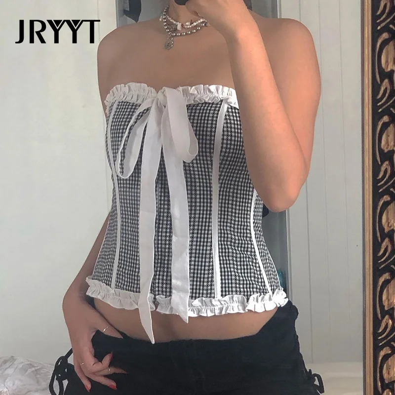 JRYYT сексуальный тонкий Топ без бретелек с бантом и открытой спиной короткие