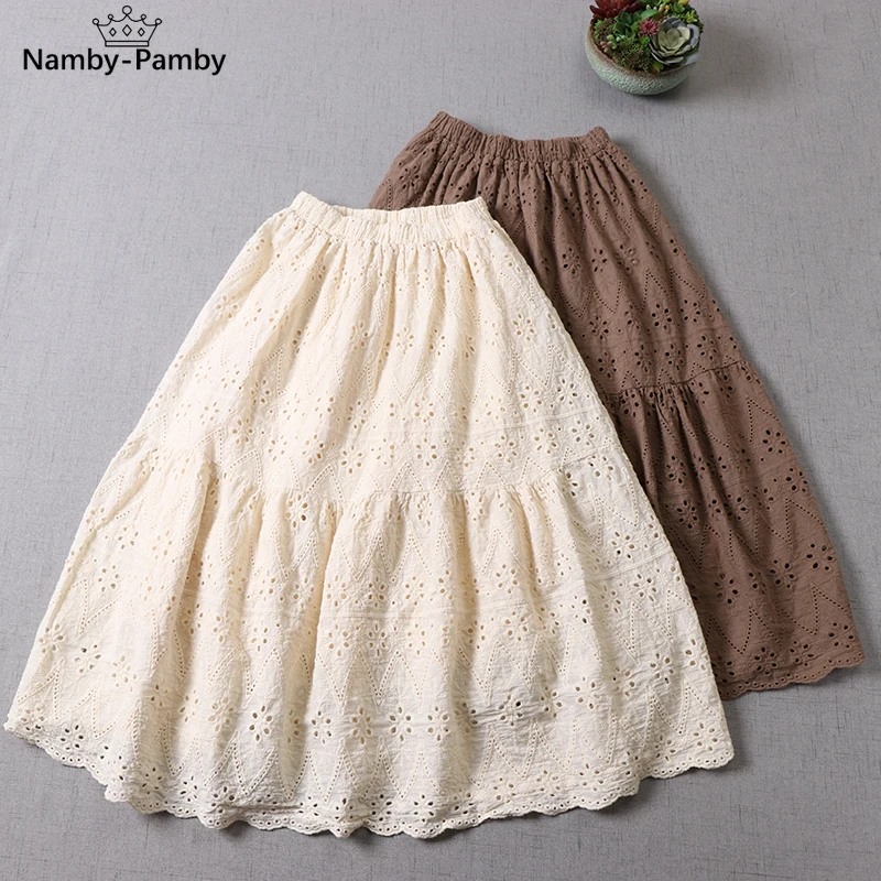 

New Spring fresh skirts womens 2021 solid embroidery hollow out skirt casual elastic waist skirt zz3911