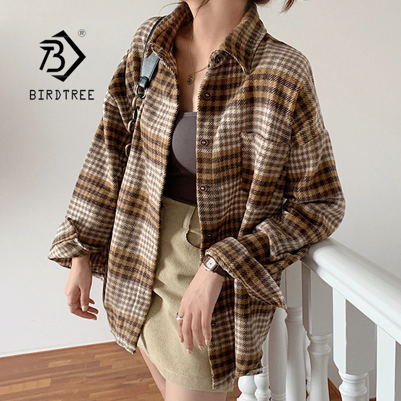 

Winter Women Vintage Oversize Woolen Plaid Shirt Pockets Batwing Sleeve Turn-Down Collar Thick Blouse Autumn Casual Warm Outwear