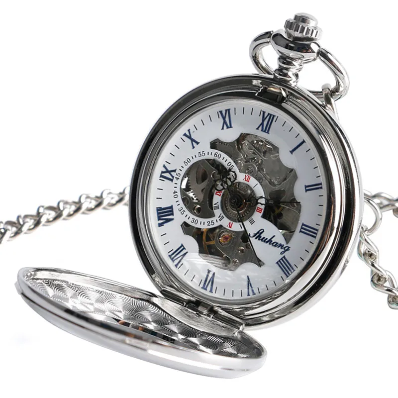 Vintage Silver Smooth Case Half Hunter Unisex Automatic Mechancial Pocket Watches with Roman Numbers Pendant Skeleton Chain Gift