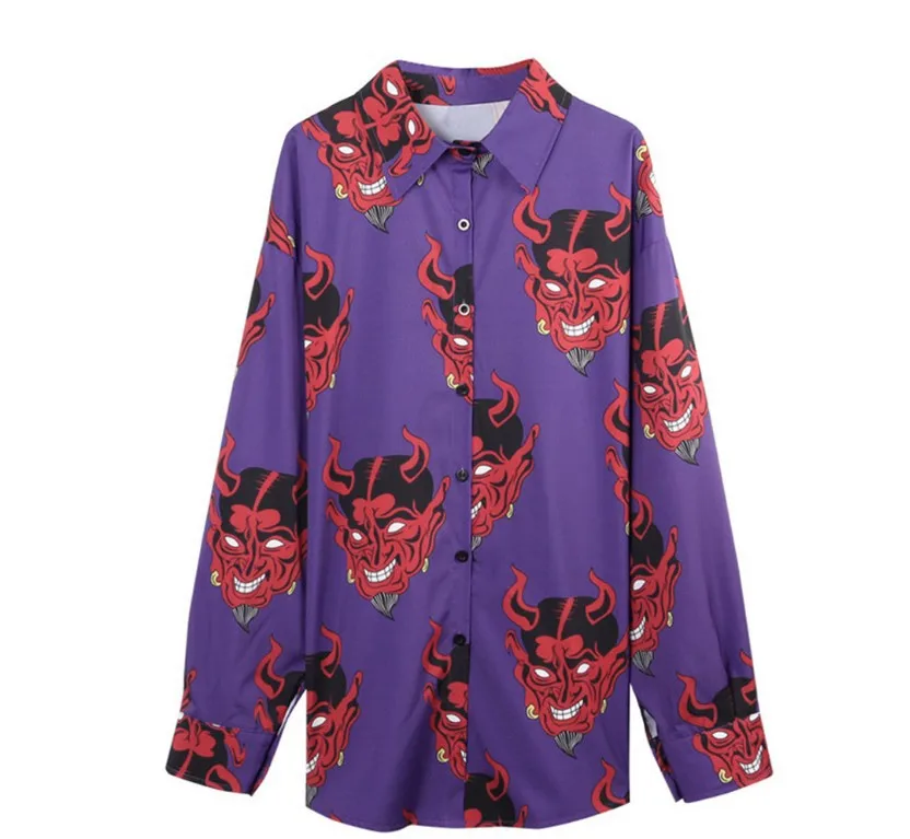 

Summer Women Shirts Casual Long Sleeve Turn-down Collar Shirts & Blouses Ladies Fashion Devil Printed Shirt Lb35