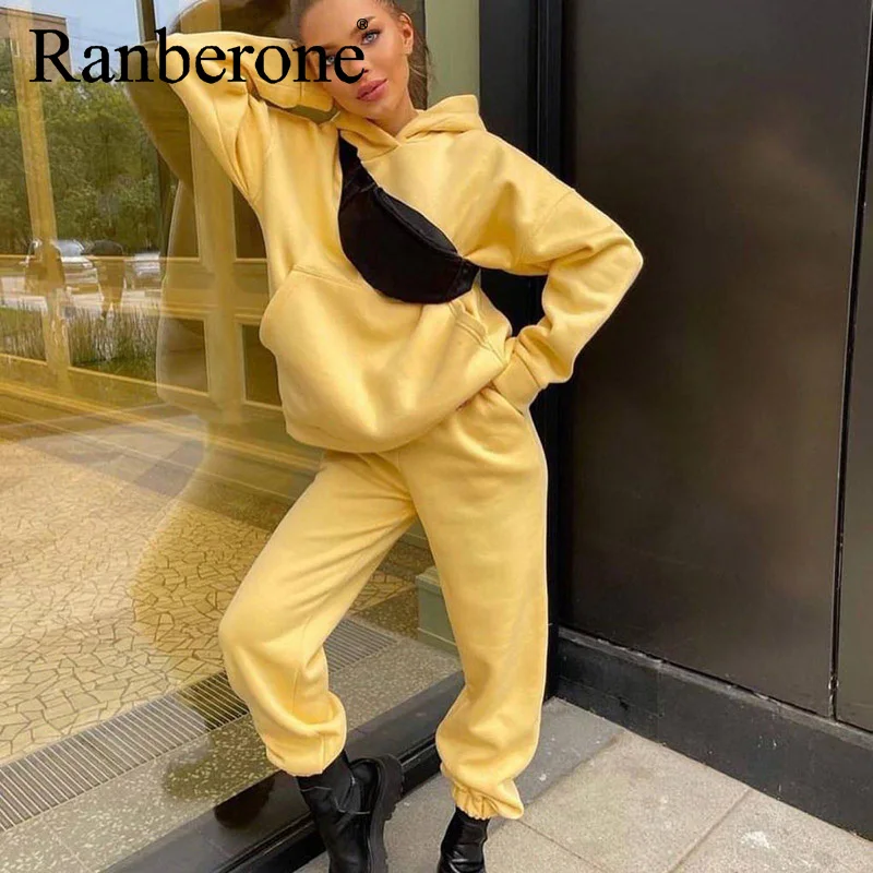 Ranberone Women Casual Fleece Two Piece Sets 2021 Streetwear Basic Tracksuit Hooded Pullover Sweatshirt And Outfit Pant Suit