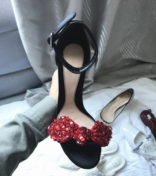 Sexy Red Rhinestone Butterfly-knot Women Sandals Open Toe Suede Thin Heel Wedding Shoes Bride Ankle Strap Crystal Summer Sandals