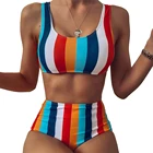 Красный и полосатый комплект бикини с высокой талией, соблазнительный купальник с майкой, купальник из двух предметов, женский купальник, новые пляжные купальные костюмы 2021