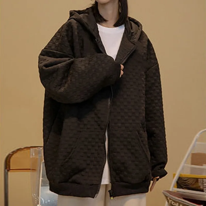 

Толстовка с капюшоном на молнии, вафельная зимняя куртка, топ, Толстовка Оверсайз с капюшоном, женская одежда в стиле ретро с бабочками и кар...