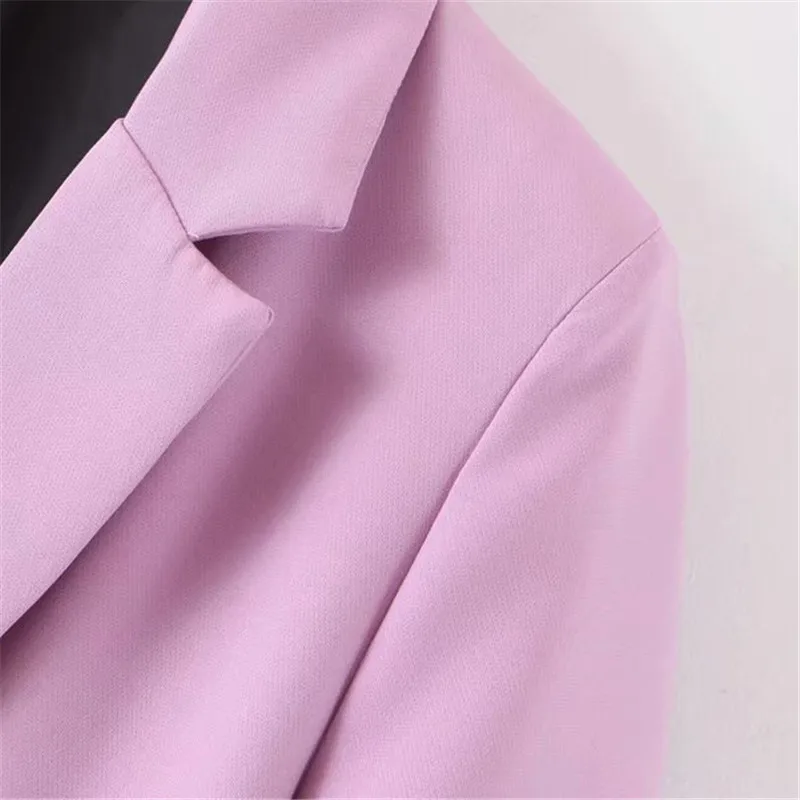 Women chic blue blazer decorate button open stitch pockets back split Violet blazers female work wear stylish coat