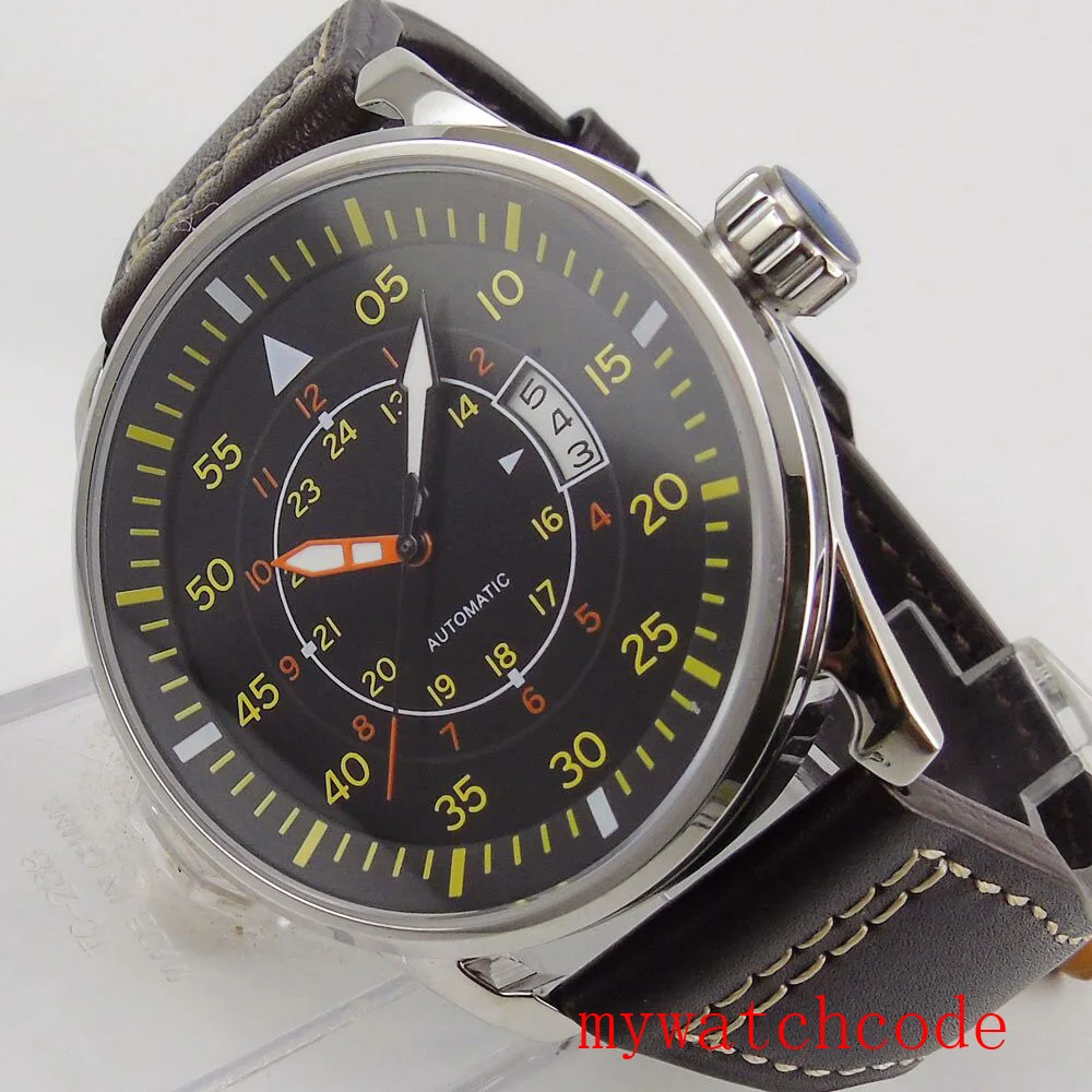 44 мм черный циферблат 24 часа желтые отметки окно даты автоматическое движение