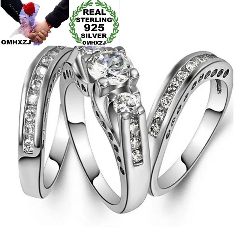 

OMHXZJ Wholesale European Fashion Woman Girl Party Wedding Gift Silver White Luxury AAA Zircon 925 Sterling Silver Ring Set RR15