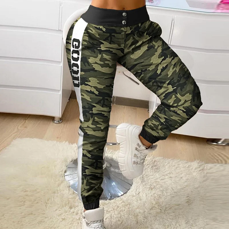 

Camouflage Panelled Patchwork Women's Pants 2020 Winter Fashion Letter Print Button Woman Trouser Skinny Casual Harajuku Pant