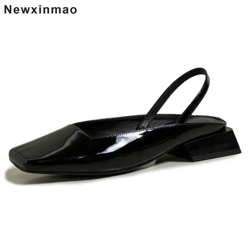 

New Genuine Leather Women Shoes Square Heels Square Toe Ladies Sling Shoes Summer Shallow Sandals for Women Pumps