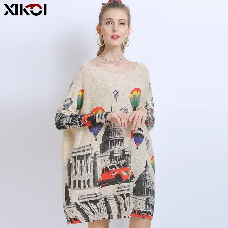 

XIKOI Wool Oversized Sweater For Women Winter Long Pullover Dresses Hot Air Ball Print Jumper Casual Knitted Sweaters Pull Femme