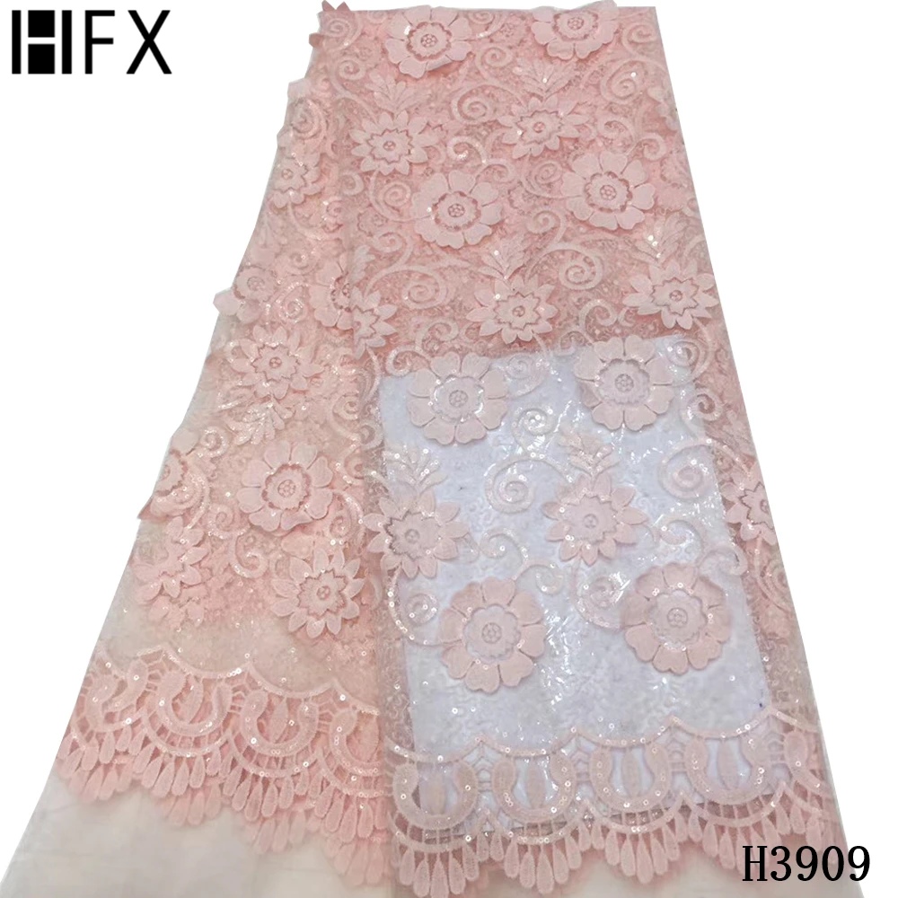 

HFX 3D Flower Embroidery Mesh French Tulle Lace Fabric With Sequins Yellow African Net Lace Fabric For Wedding Party Dress F3909