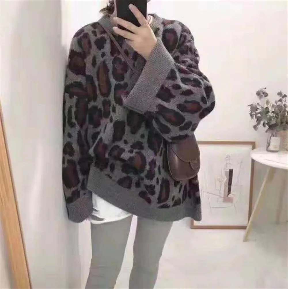 Women Sweater Autumn Winter O-Neck Leopard Print Oversized Loose Knit Casual Pullover Plus Size jumper sweter 35 | Женская одежда