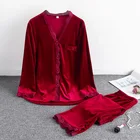 Женский бархатный Пижамный кардиган, золотистый кружевной пижамный комплект из двух предметов, с V-образным вырезом и длинным рукавом, для осени и зимы, 2021