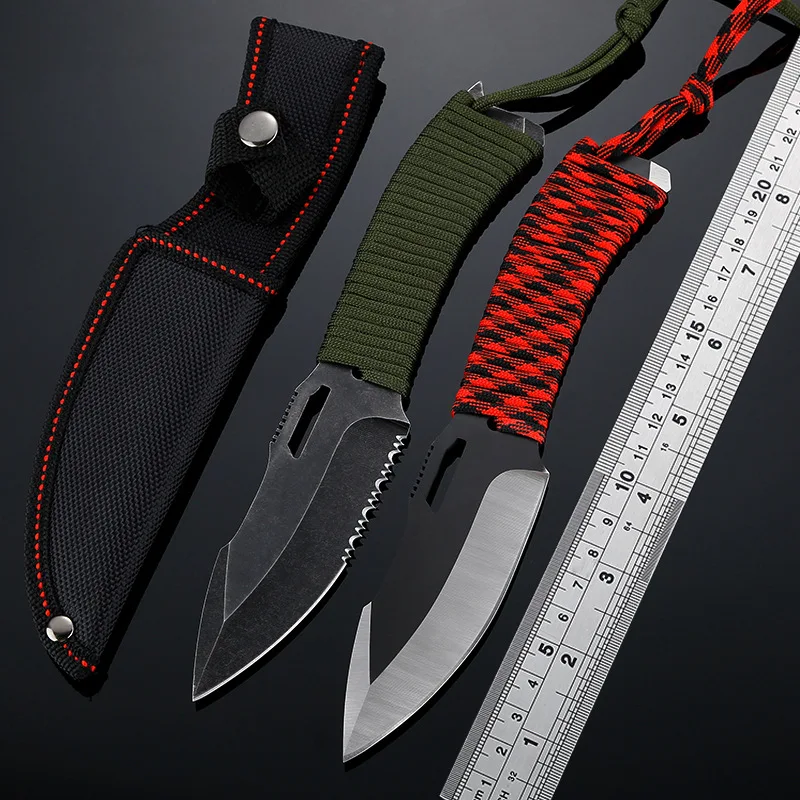 

Stonewashed Straight Fixed Blade Knife Serrated Rope Handle Outdoor Camping Hunting Survival EDC Tools with Nylon Sheath