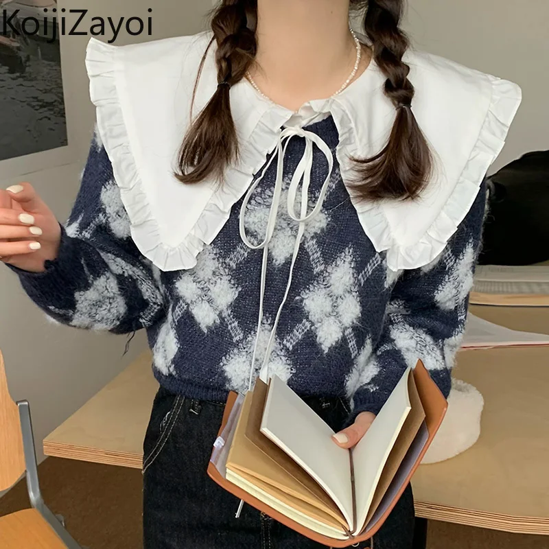 

Koijizayoi Autumn Women Sweaters Vintage Ruffles Peter Pan Collar Long Sleeve Pullover Knitted Winter Christmas Snowflake Jumper