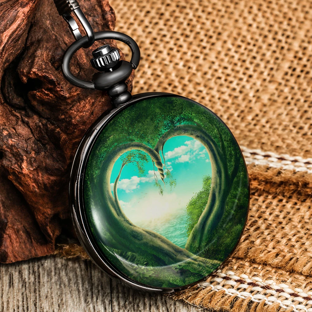 

Exquisite Heart Shaped Green Forest Quartz Pocket Watch Men Women Big Dial Black Alloy Cover Rough Chain Pendant Love Necklace
