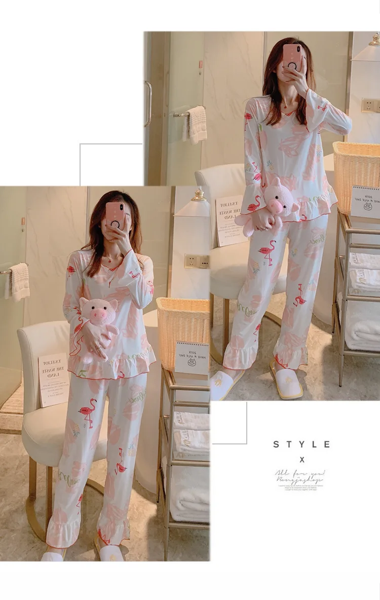Wontive Autumn Women Long Sleepwear Suit Home Women Gift Female Sleepwear Cartoon female big plus size womens pajamas Sets
