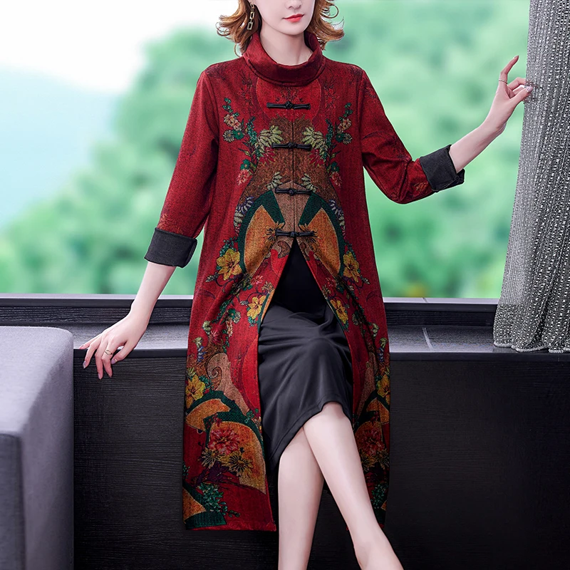 

COIGARSAM Women Dress Winter 2021 New Office Lady National Wind Print Long Sleeve Loose Stand Neck Upset Red Navy Dresses Traf