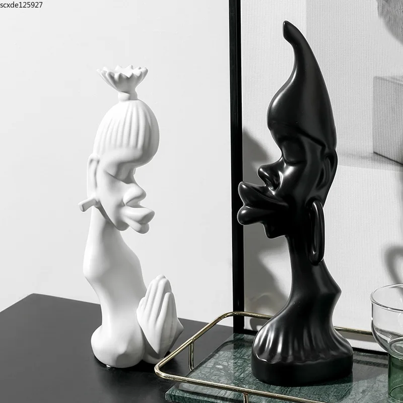 

Creative Black and White Character Sculpture Ceramic Crafts Abstract Art Character Statue Figurines Home Decor Two-piece Set New