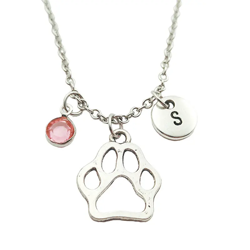 

Paw Print Necklace Birthstone Creative Initial Letter Monogram Fashion Jewelry Women Christmas Gifts Accessories Pendants
