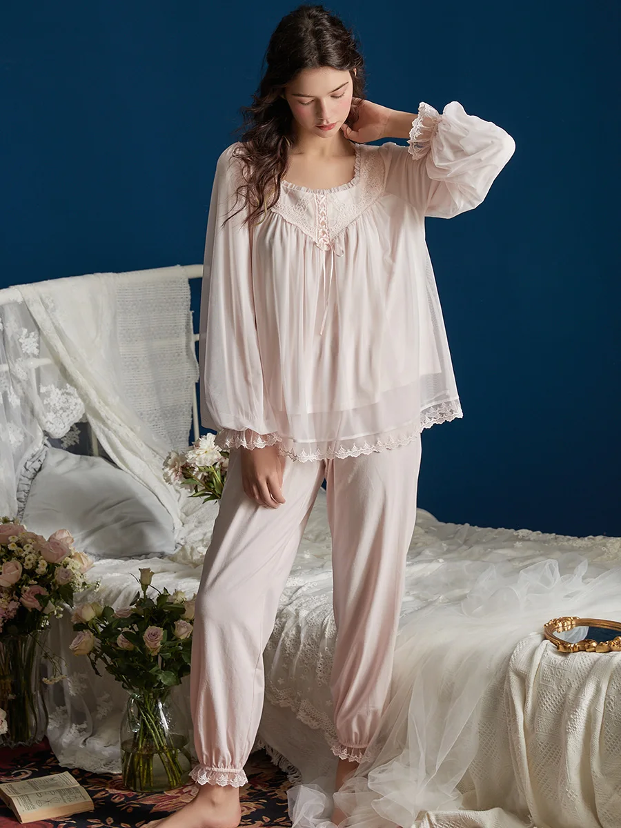 Новинка, винтажный женский пижамный комплект, весна-осень, красивая одежда для сна, костюмы, удобная домашняя одежда