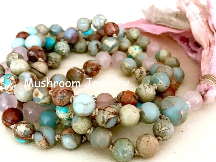 Natural imperial jasper Stone Rose Quartz Boho Necklace108 Beads For Yoga Prayer Tibetan Mala Bracelet Jewley Tassel