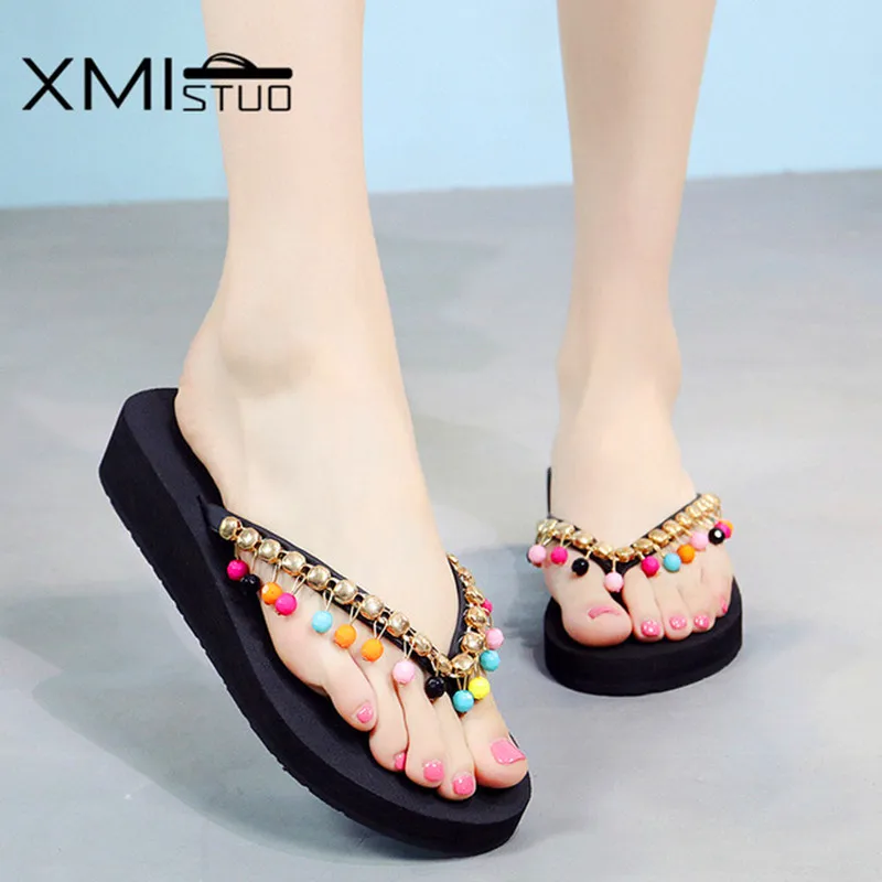 

XMISTUO Women Slippers Simple Korea Summer Non-Slip Beach Wedges 3CM Female Hot Selling Holiday Colorful Beaded Home Flip-Flops