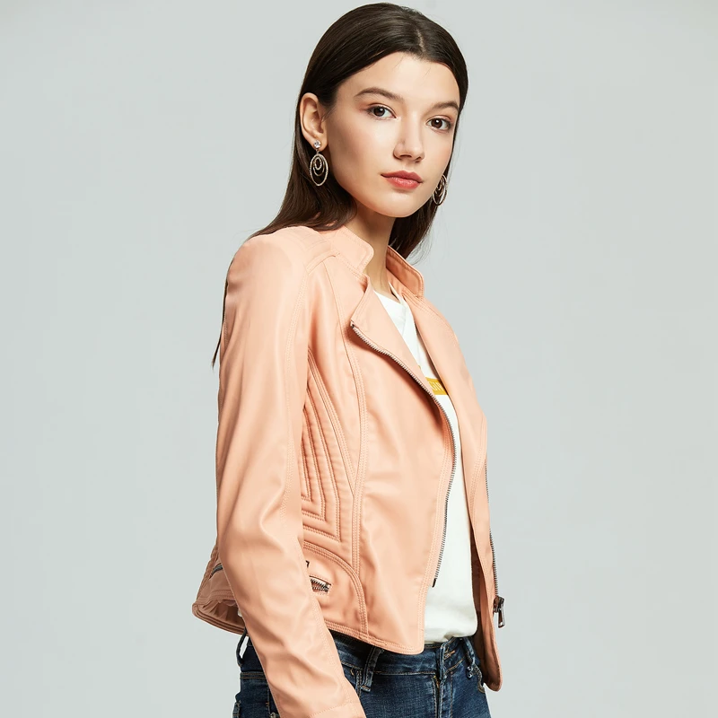 Pink Motocycle PU Leather Jacket Women's Biker Jackets Ladies Oversize Casual Coat Winter Fall 2020 Femme Top