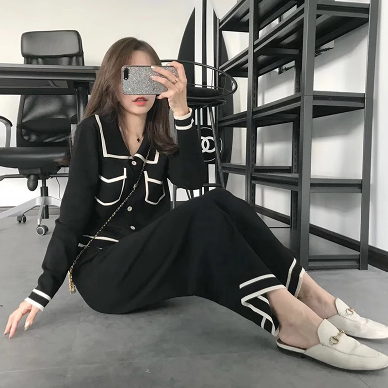 

Knitted suit women's 2020 autumn and winter fashion small fragrance knit top high waist wide leg pants two-piece suit