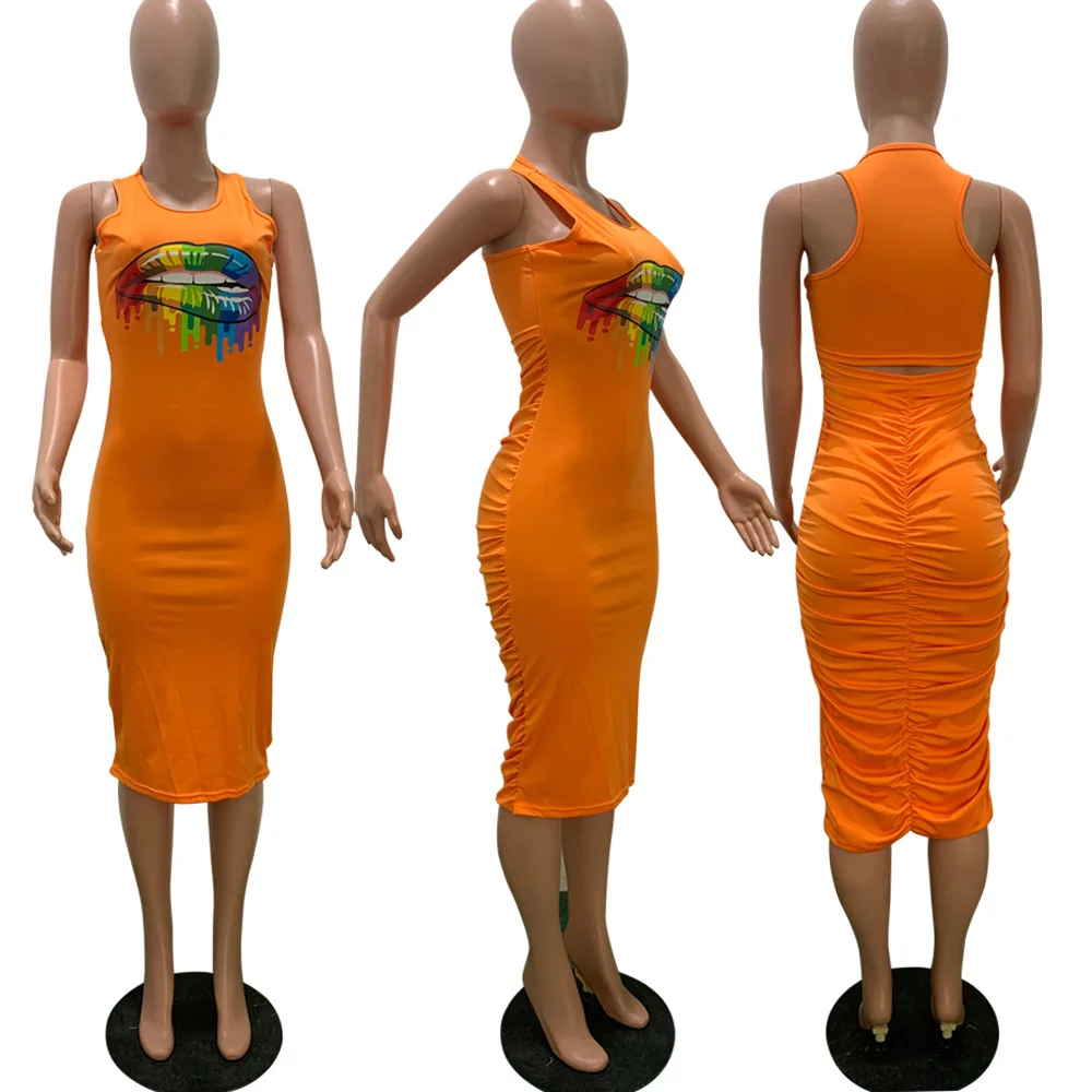 

2020 Women Summer Midi Dress Sexy Sleeveless Mouth Print Bandage Party Night Club Casual Fashion Street Dresses Vestidos GL8694