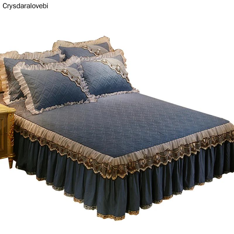

European Luxury Bedspreads and 2PCS Pillowcase Thick Cotton Bed Skirt with Lace Edge Twin Queen King Size Bedding Set Non-slip